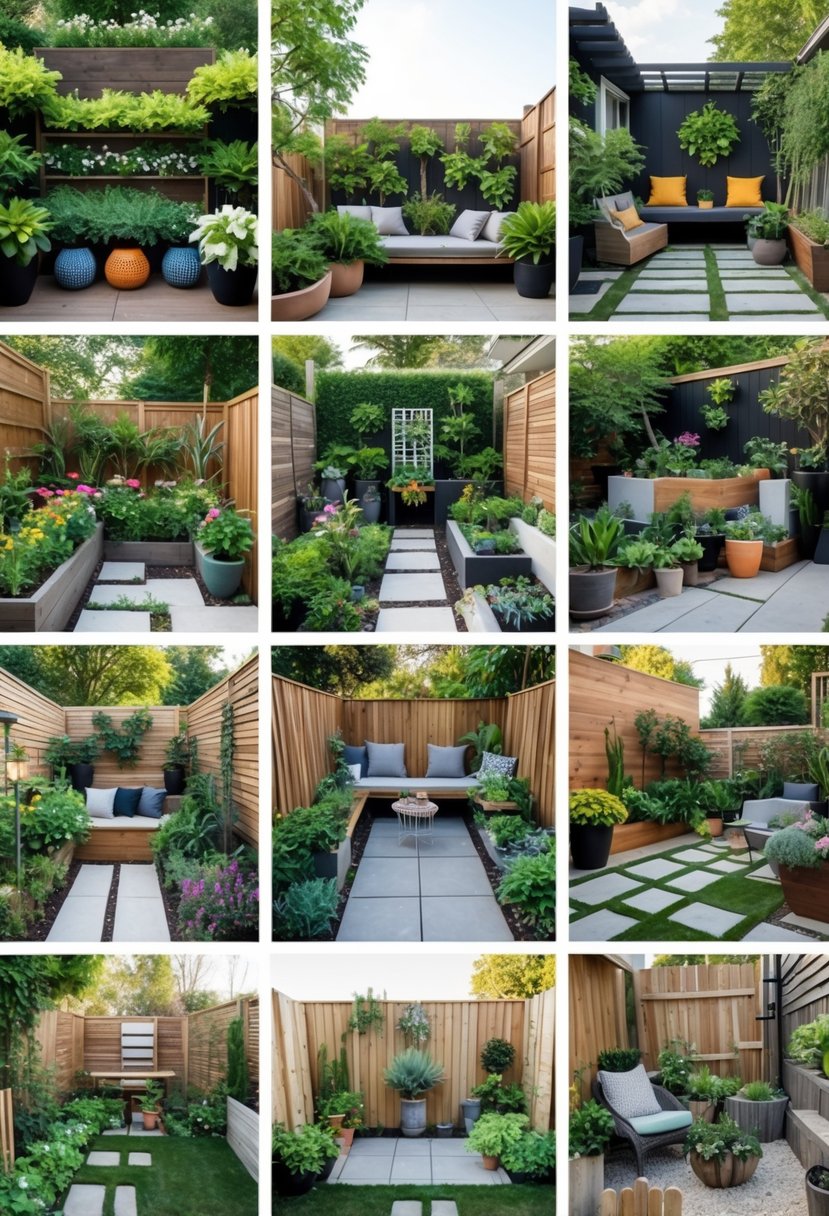 A collage of eleven different small garden designs featuring plants, flowers, seating areas, and decorative elements in compact outdoor spaces.