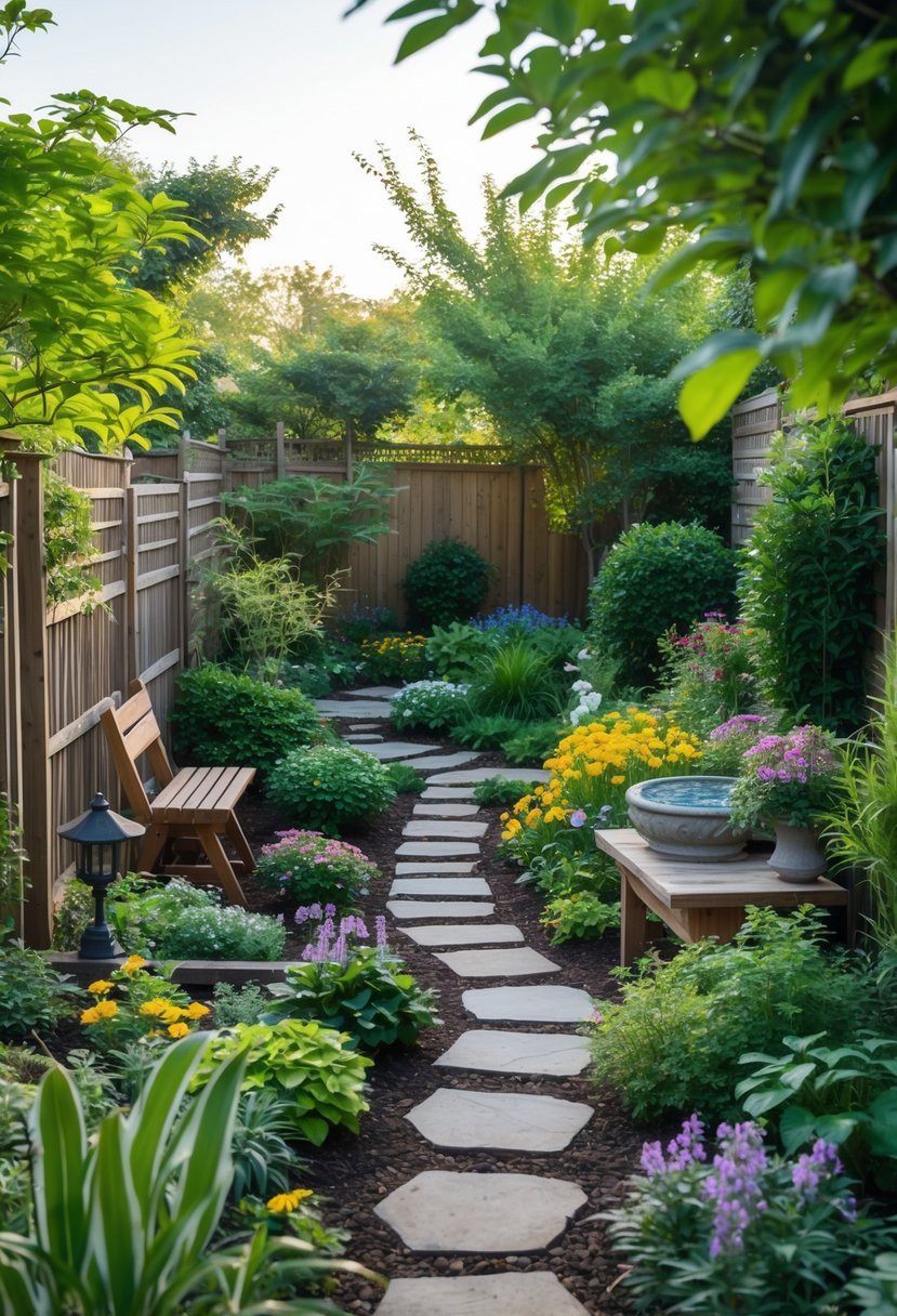 A small garden with green plants, colorful flowers, a stone pathway, and a wooden bench under natural sunlight.