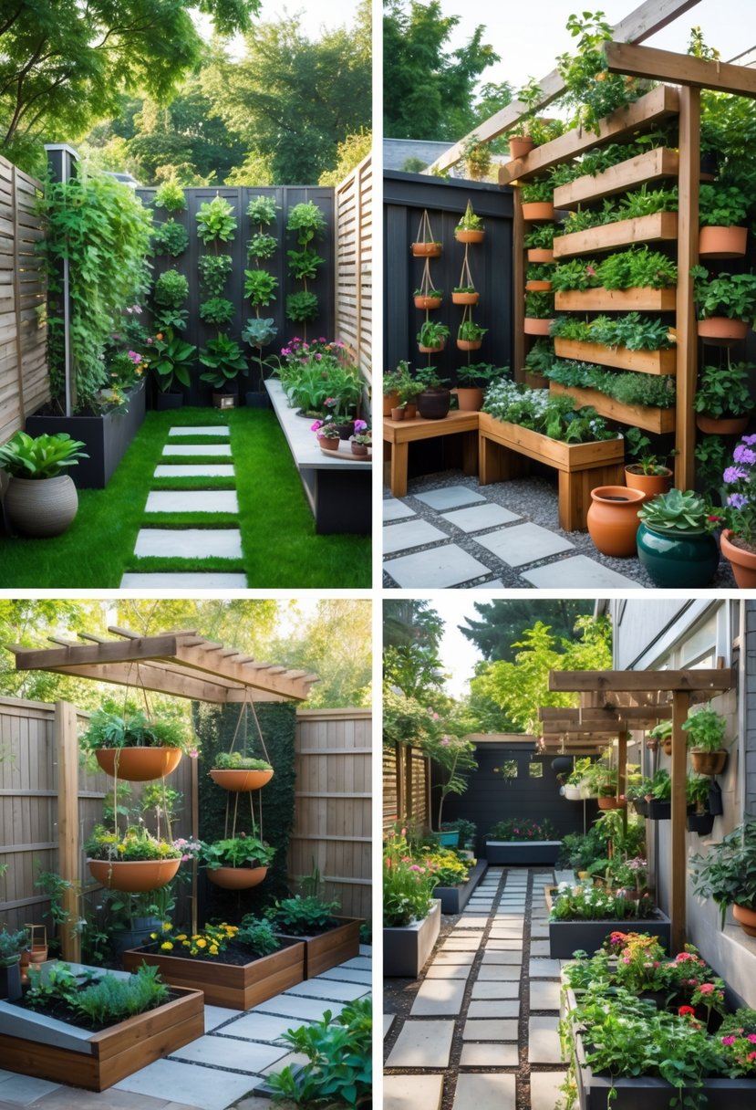 A small outdoor garden area with various plants arranged in containers, raised beds, hanging planters, and vertical trellises, featuring colorful flowers and greenery in a compact space.
