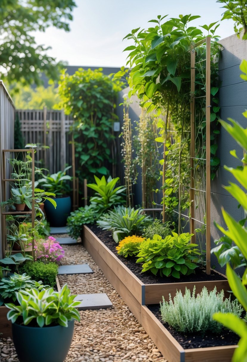 A small garden with various green plants, colorful flowers, potted plants, and decorative stones arranged around a garden path.