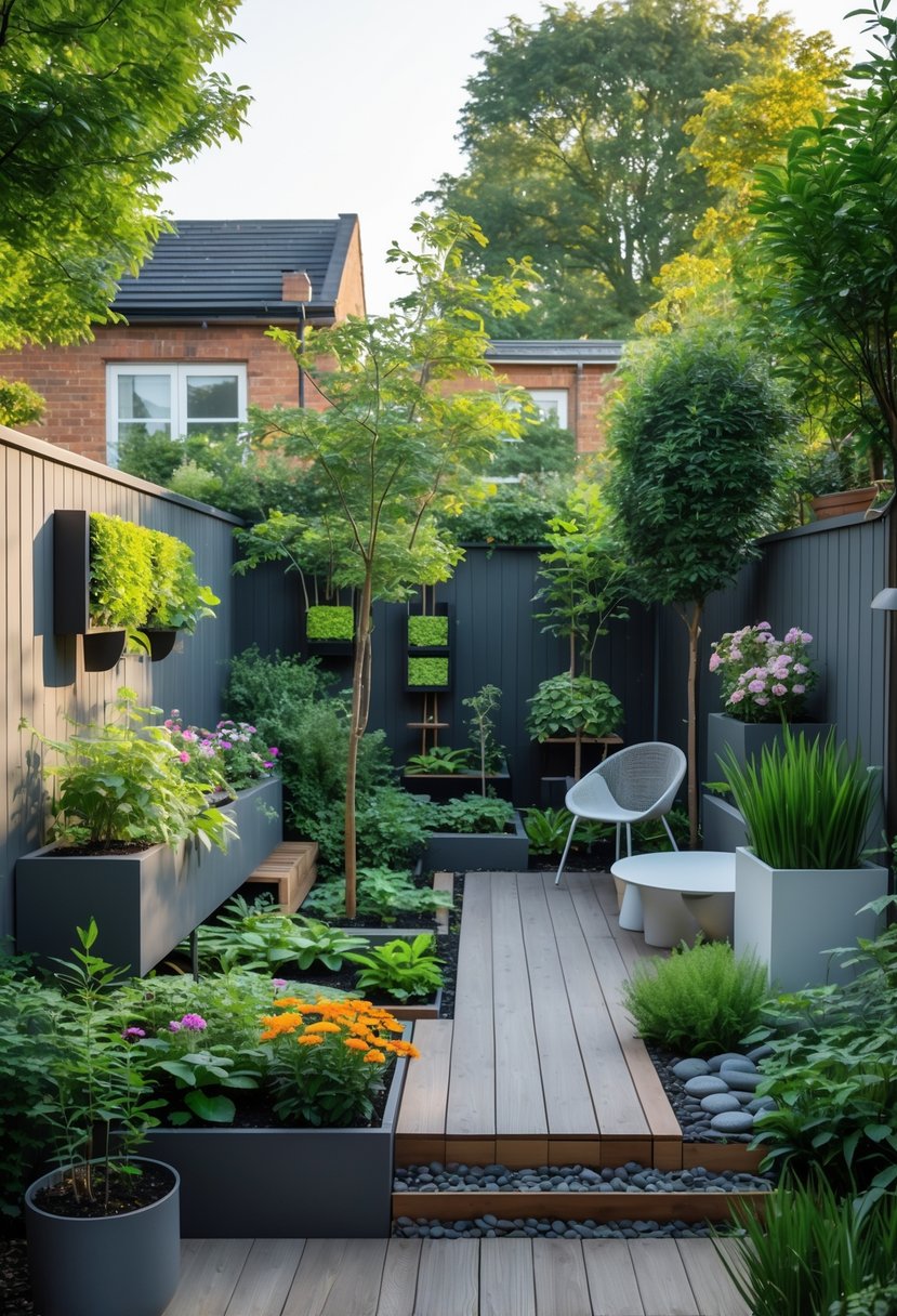 A small, well-organized garden with vertical planters, raised beds, colorful plants, and a small seating area.