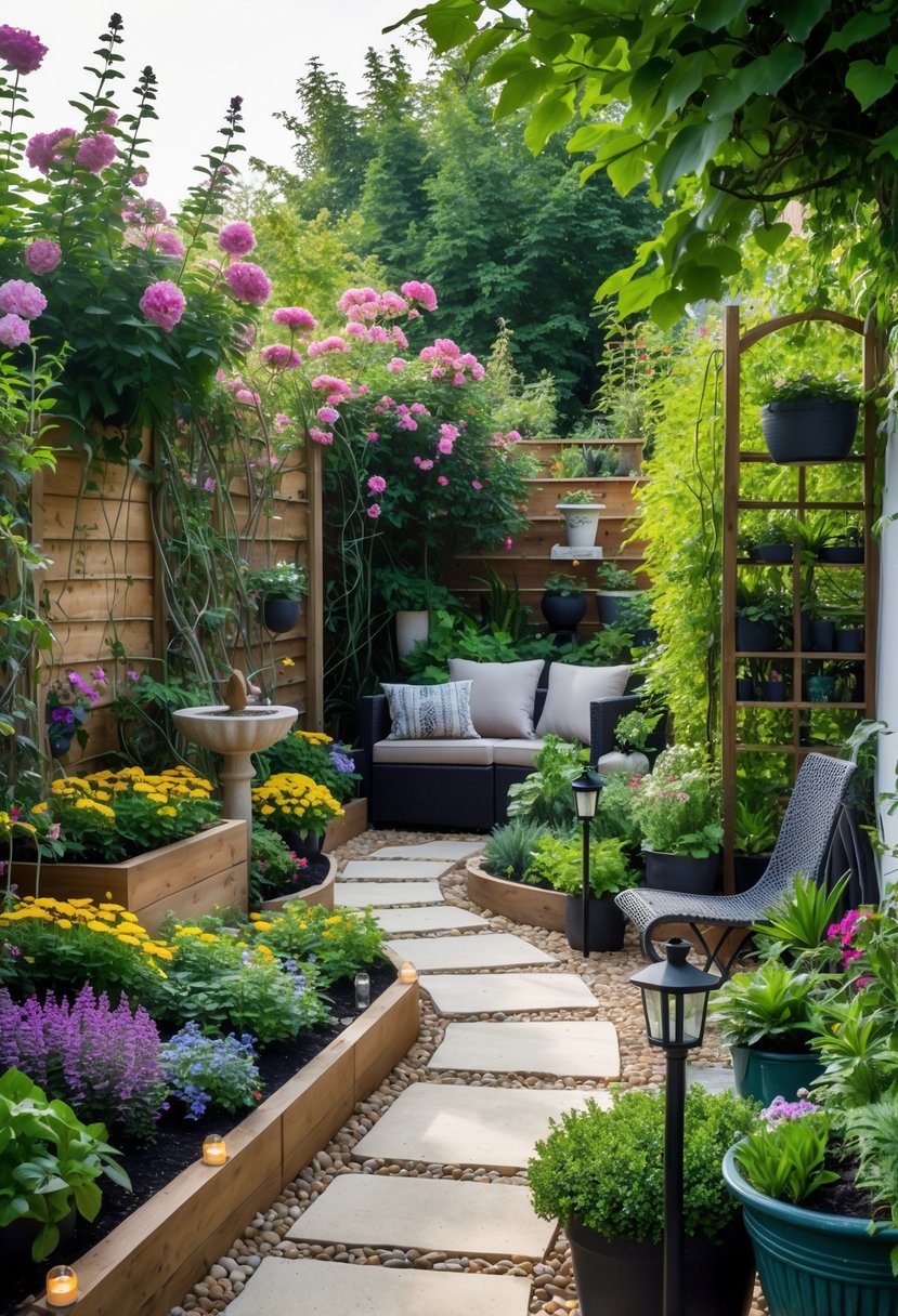 A small garden with colorful flowers, raised beds, potted plants, a seating area, stone pathways, and decorative garden elements.