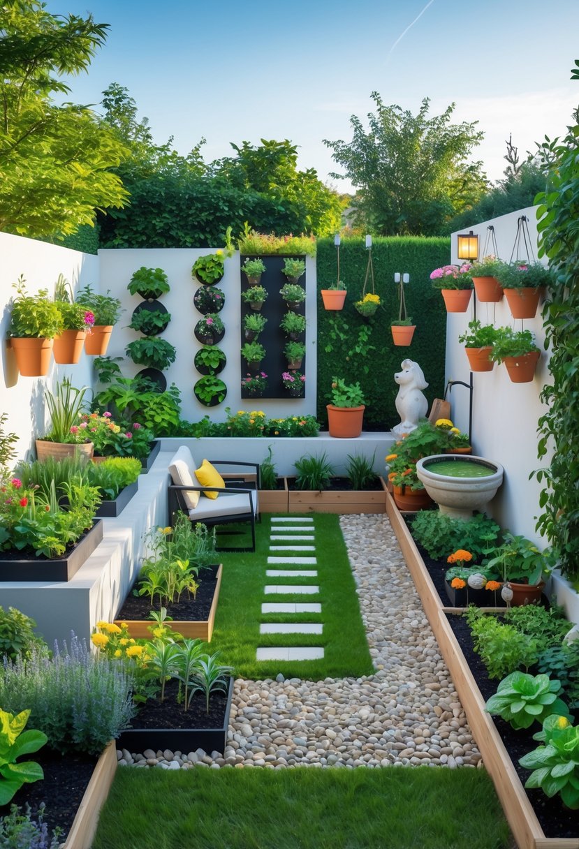 A small garden featuring various plants, flowers, pathways, seating, and decorative elements arranged in a compact and inviting outdoor space.