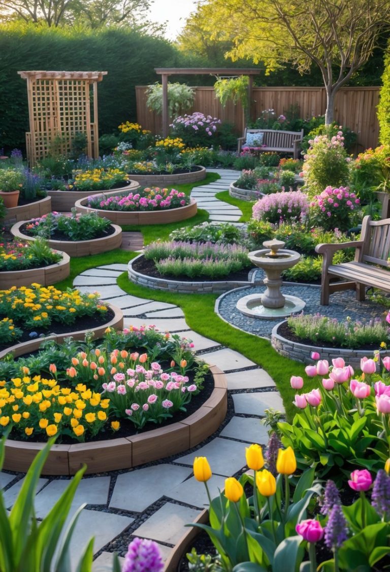 A colorful flower garden with various flower beds, pathways, a water fountain, and benches surrounded by trees and greenery.