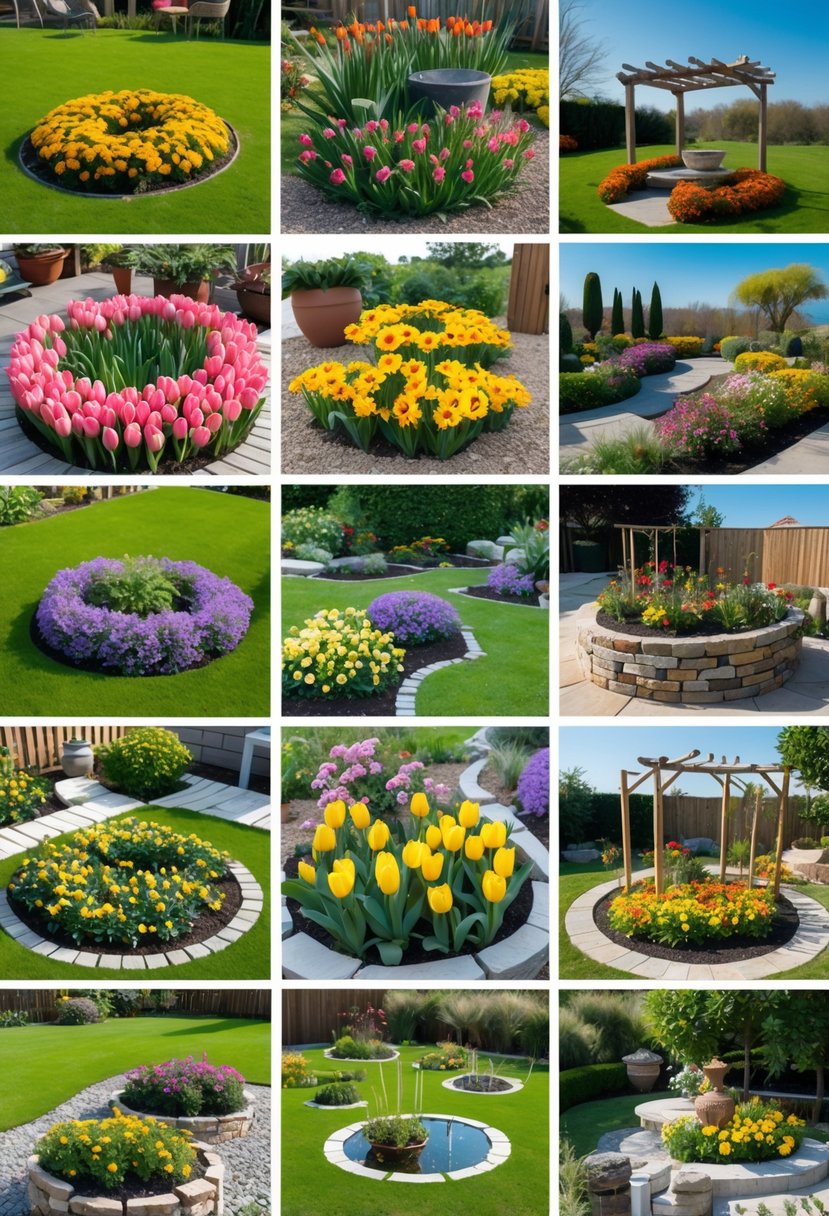 A colorful garden scene with fifteen different flower garden sections featuring various blooming flowers, pathways, and decorative elements under a clear sky.
