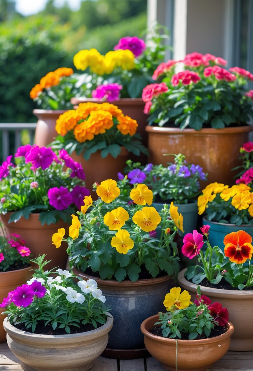 A variety of colorful flowers blooming in different containers arranged on a sunny patio with green plants in the background.