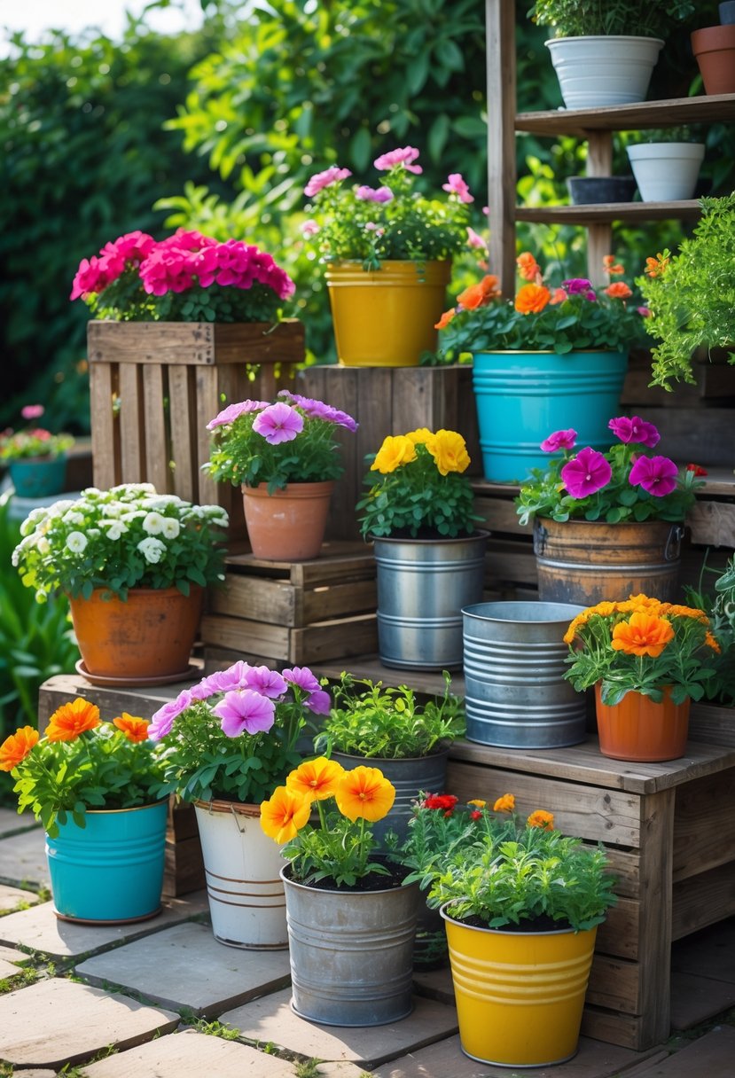 A collection of 15 different flower containers filled with colorful blooming flowers arranged outdoors on tables, steps, and shelves surrounded by green plants.