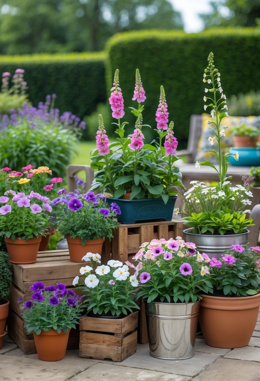 A garden patio with 15 different colorful flower arrangements in various containers like pots and crates, surrounded by greenery and garden furniture.