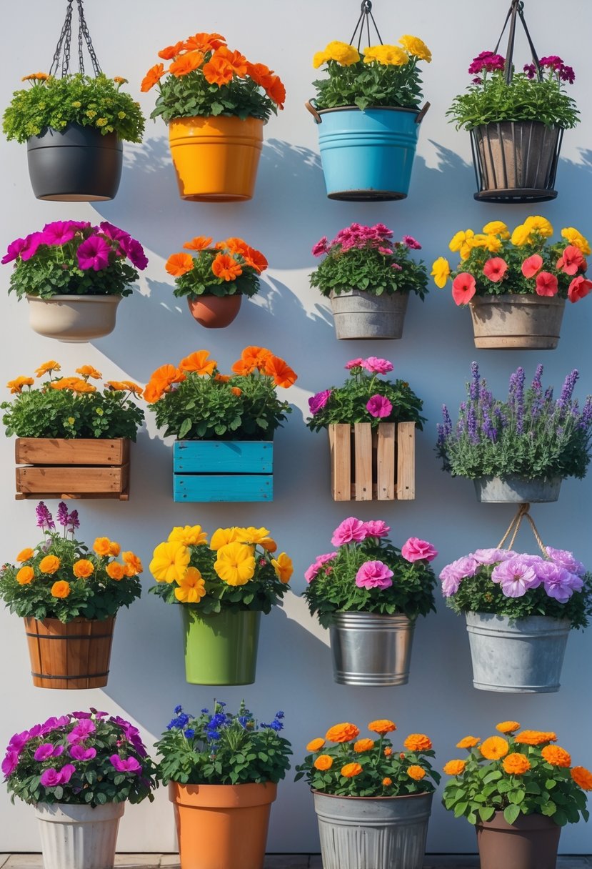 A collection of 15 different containers filled with colorful blooming flowers arranged outdoors on a sunny day.