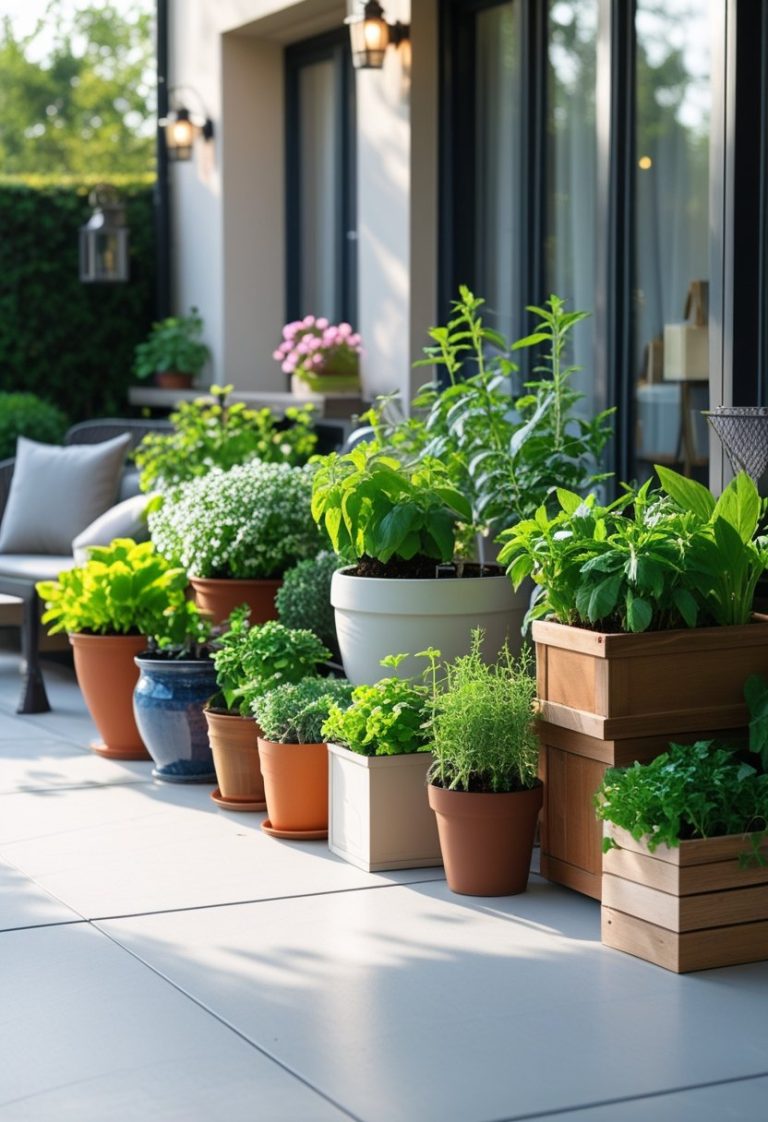 A patio with various colorful plants growing in different pots and containers arranged neatly on the floor.