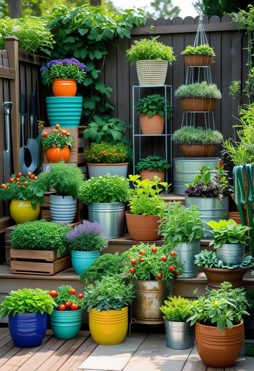An outdoor garden area with 17 different container gardening setups featuring various plants in pots, crates, hanging baskets, and vertical planters arranged on a wooden deck and stone patio.