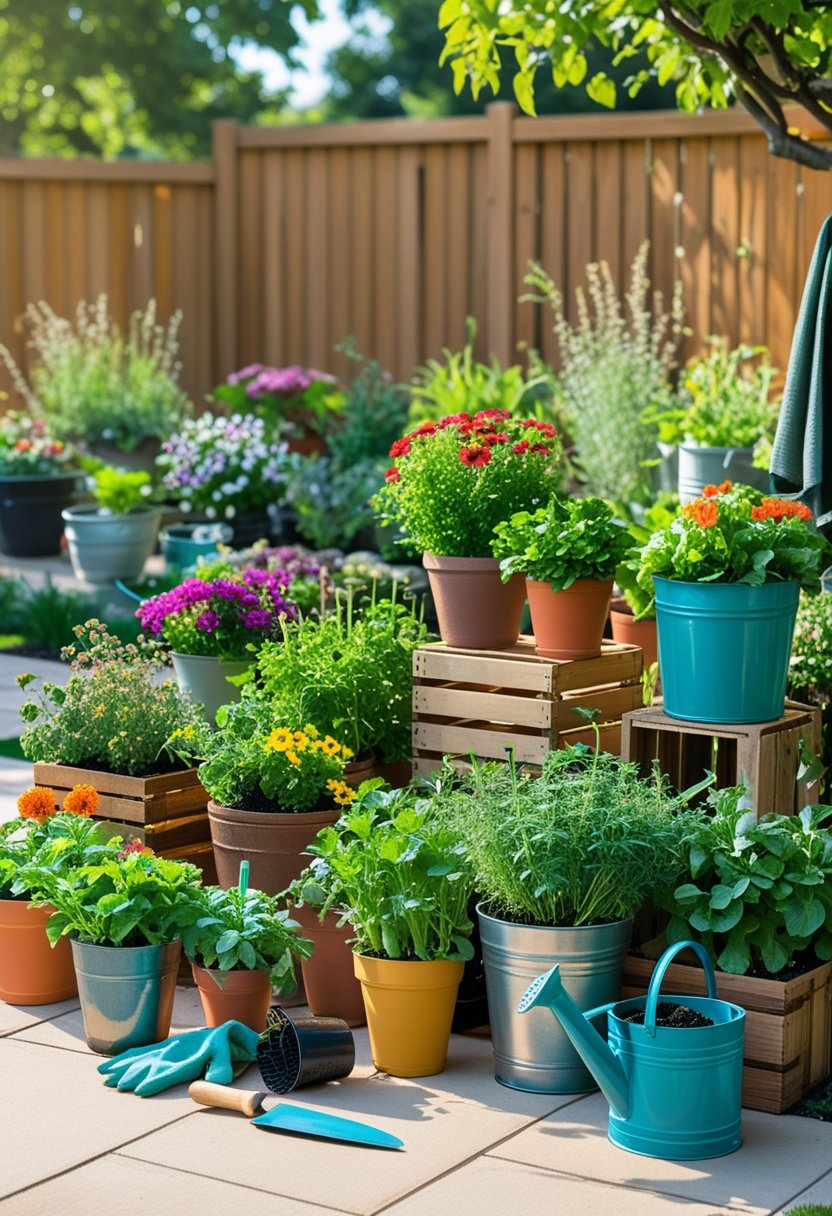 A sunlit patio with various colorful plants growing in different types of containers including pots, crates, and baskets, surrounded by gardening tools.
