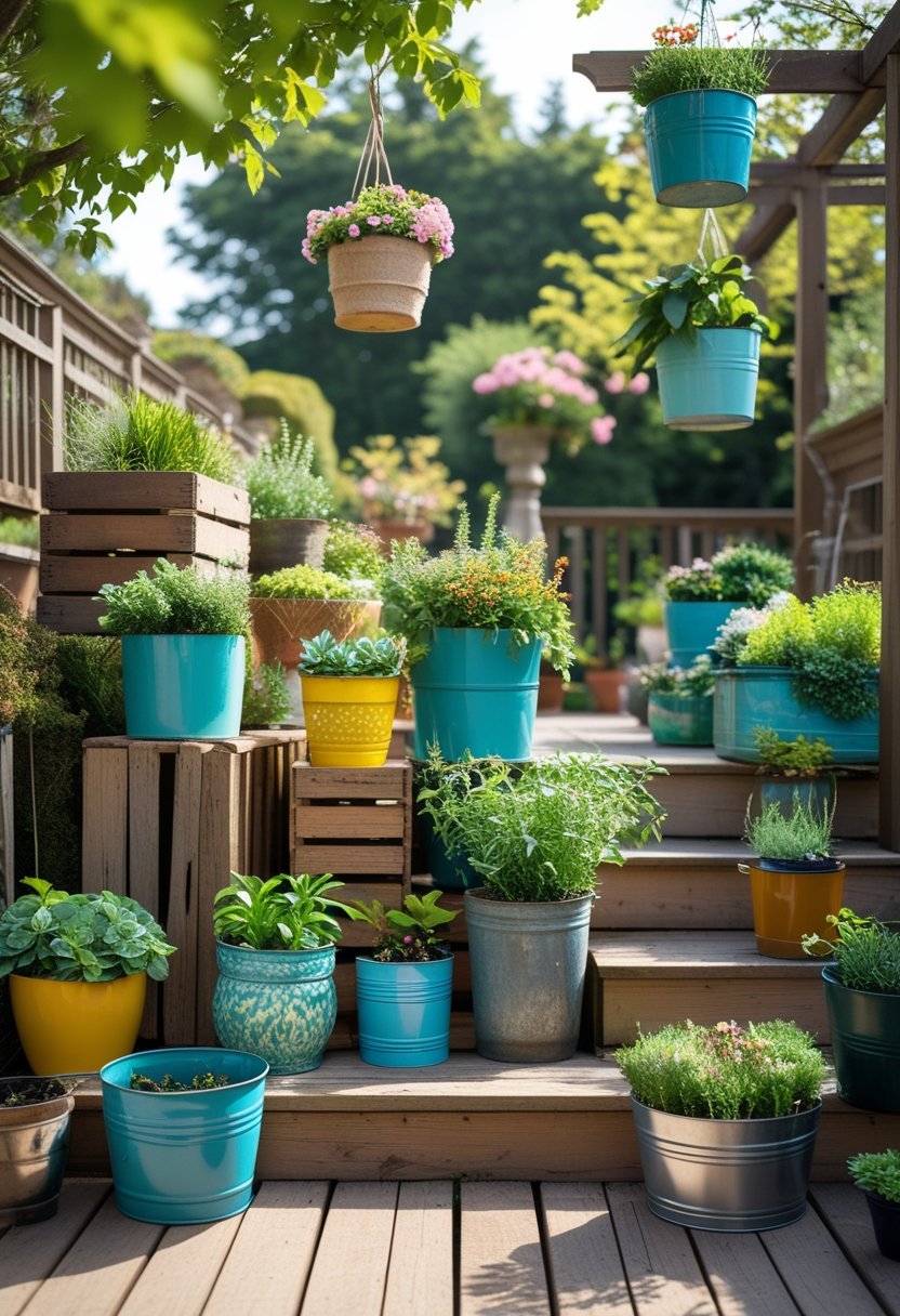 A sunny outdoor garden with various creative plant containers holding green plants and colorful flowers arranged on a wooden deck, stone steps, and hanging from branches.