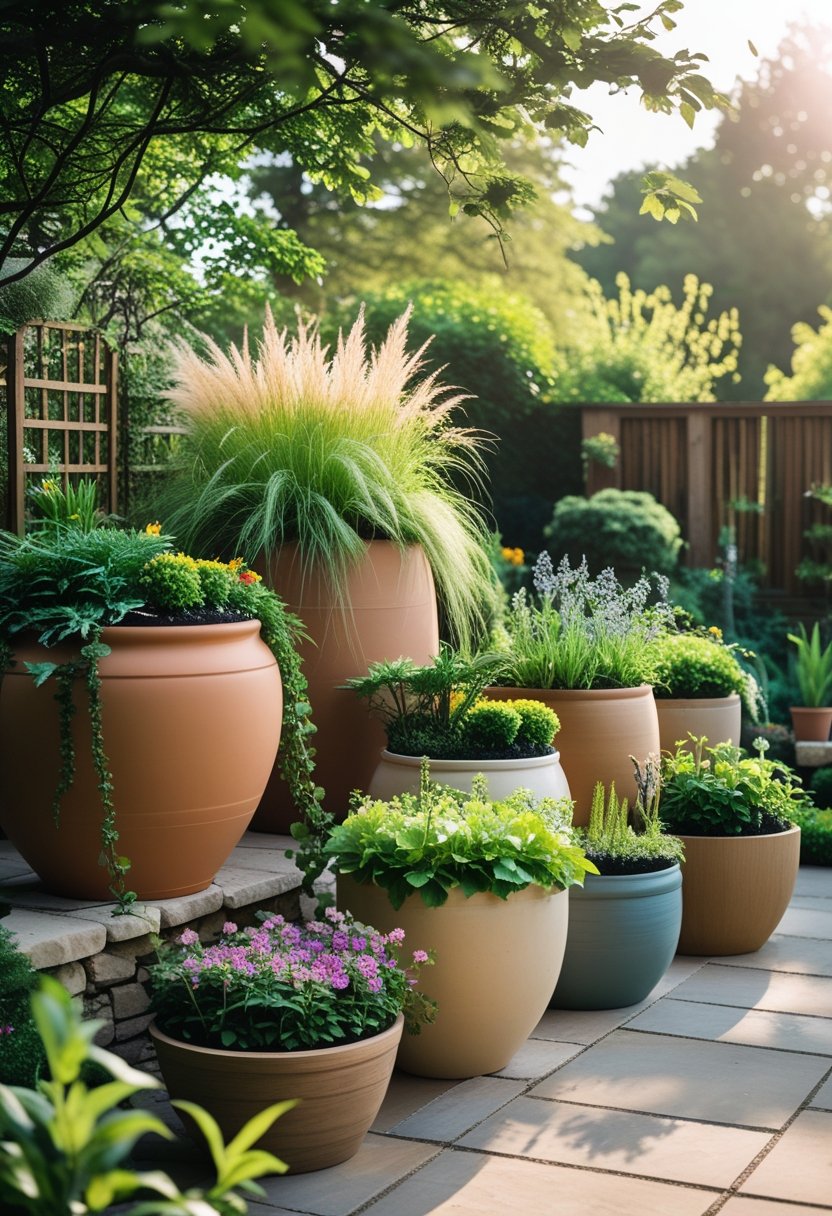 Outdoor patio with various large containers filled with green plants and colorful flowers arranged among natural stone flooring and garden greenery.