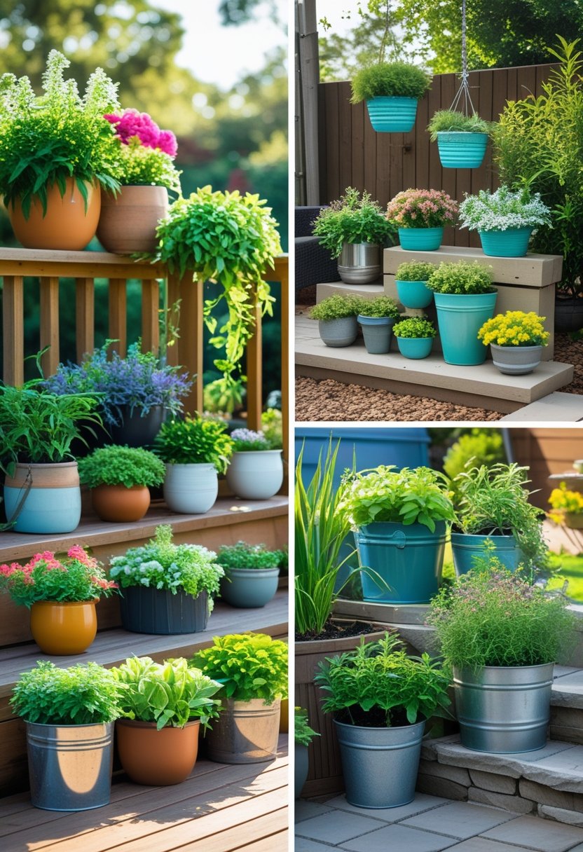A garden scene with seventeen different outdoor containers filled with various plants and flowers arranged on a deck and patio.