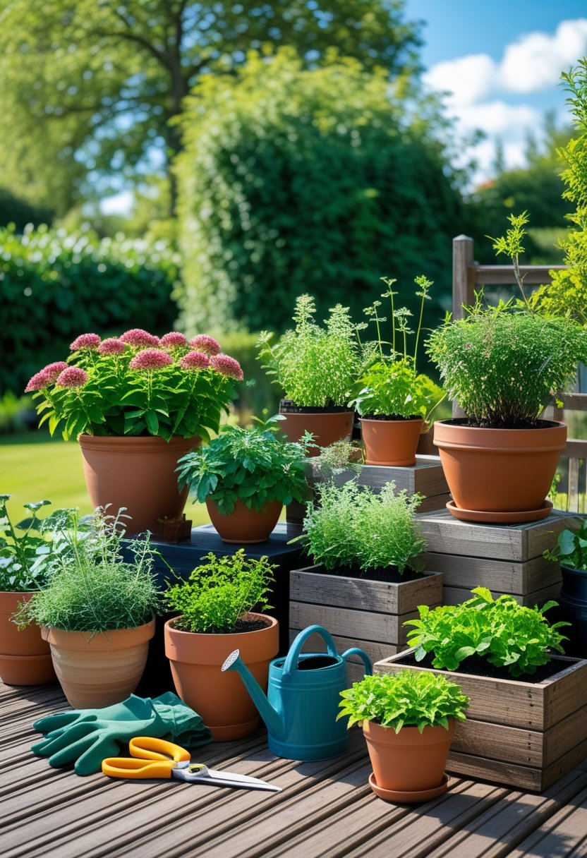 A variety of healthy plants growing in different outdoor containers on a wooden deck with gardening tools nearby under natural sunlight.