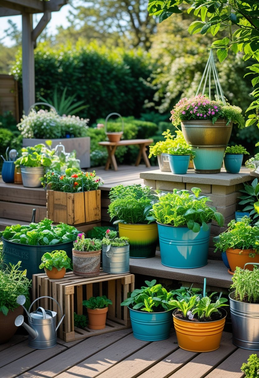 Outdoor garden area with various containers holding plants and flowers arranged on a wooden deck and stone patio.