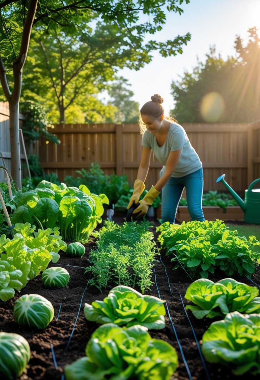 A person gardening in a backyard vegetable garden with green plants and gardening tools under sunlight.