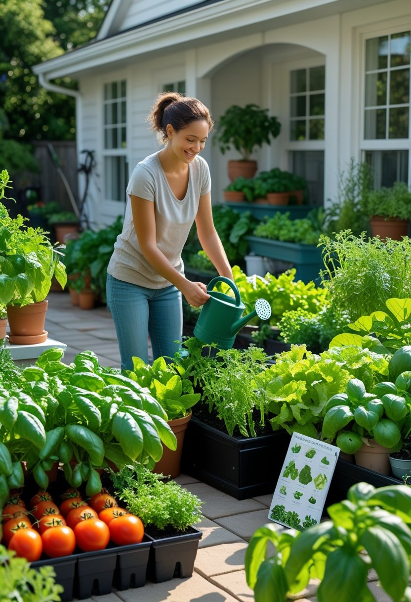 Person tending to a variety of fresh vegetables and herbs growing in pots and raised beds on a sunny home patio.
