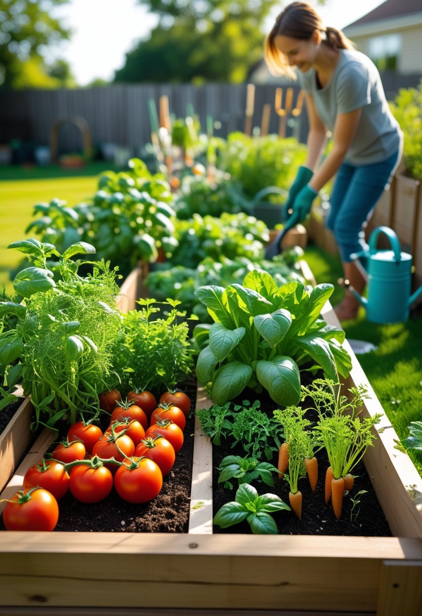 Person tending to a home vegetable garden with various plants growing in raised beds on a sunny day.