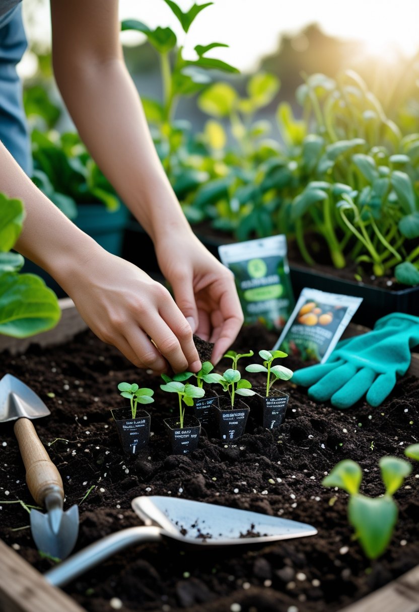 Hands planting vegetable seedlings in soil with gardening tools and green plants in the background.
