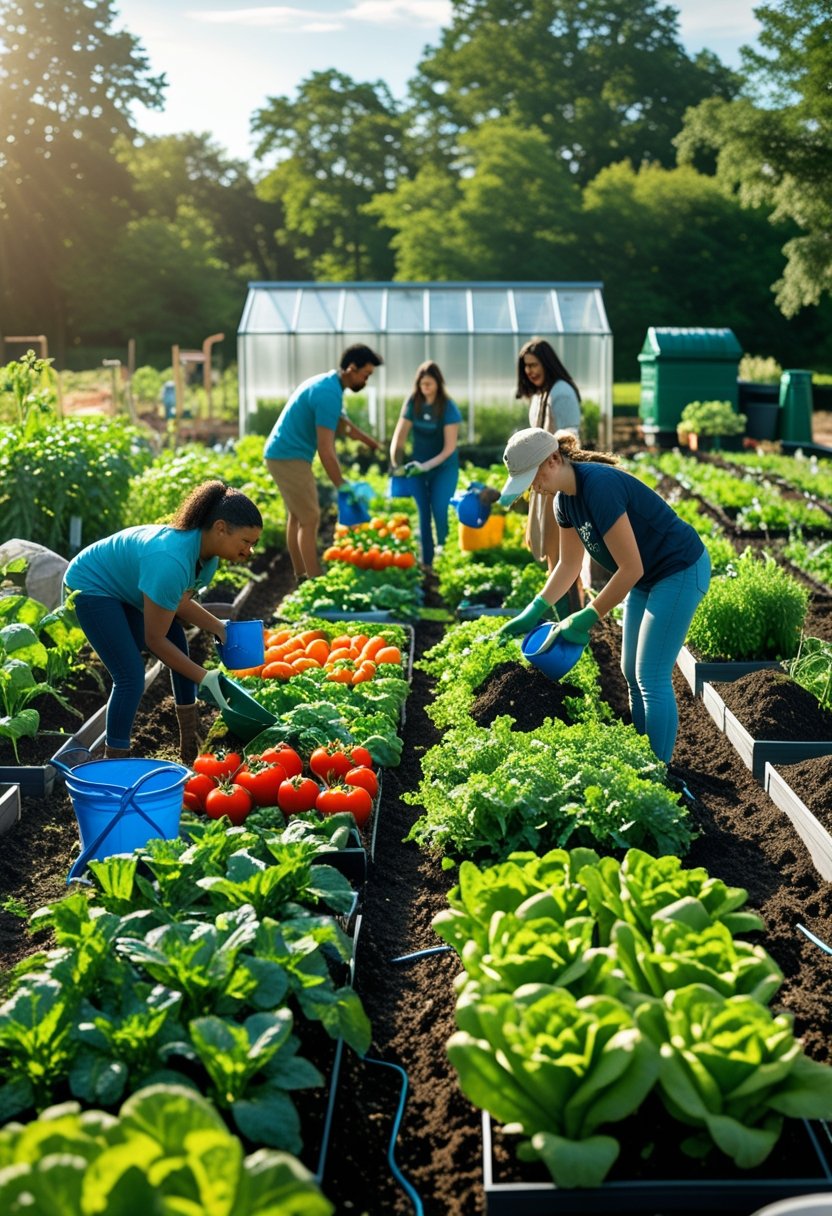 People working together in a large vegetable garden, planting and harvesting fresh produce.