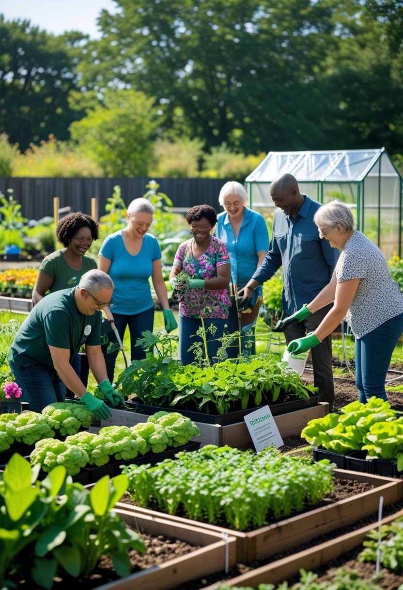 A diverse group of adults working together in a community garden, planting and caring for vegetables and herbs.