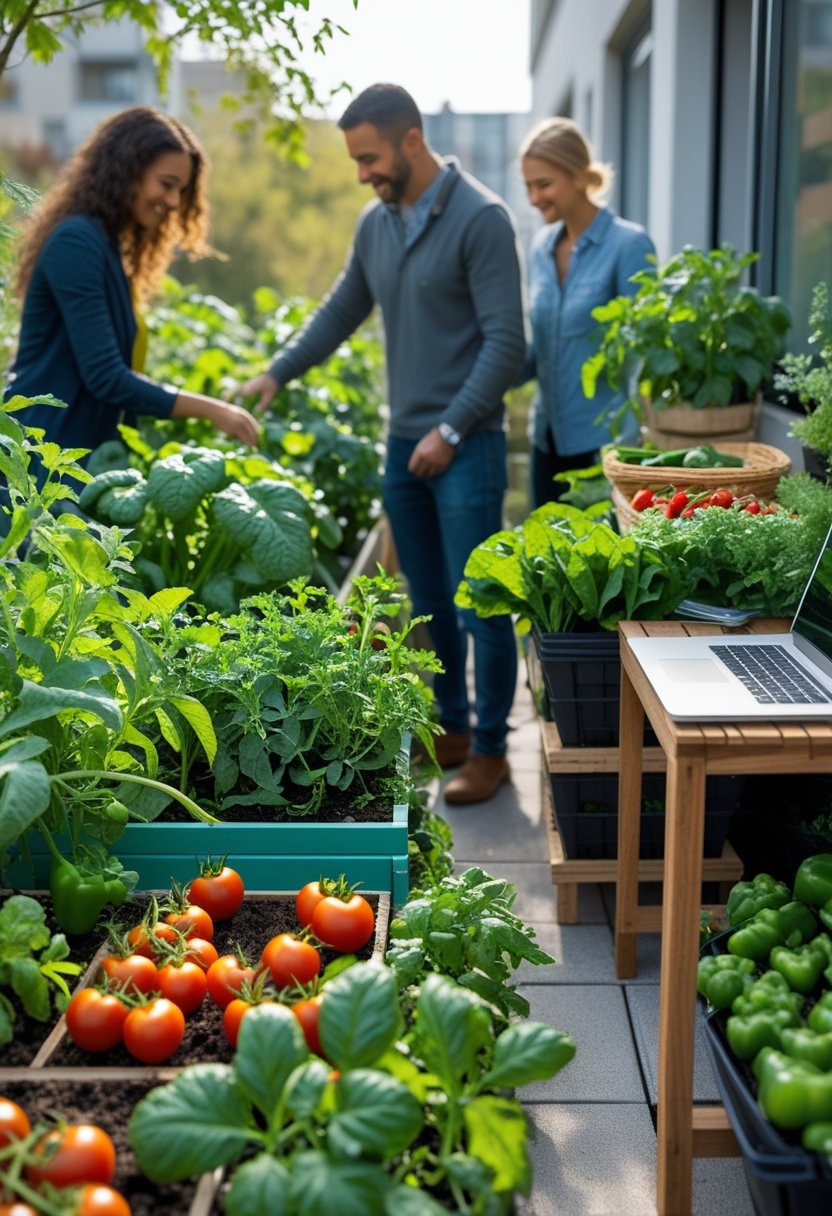 People tending to a home garden with vegetables and herbs growing in raised beds, baskets of harvested produce on a table, and a laptop nearby.