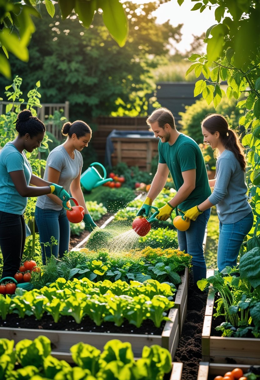 People planting and harvesting vegetables in a vibrant garden with gardening tools and sunlight.