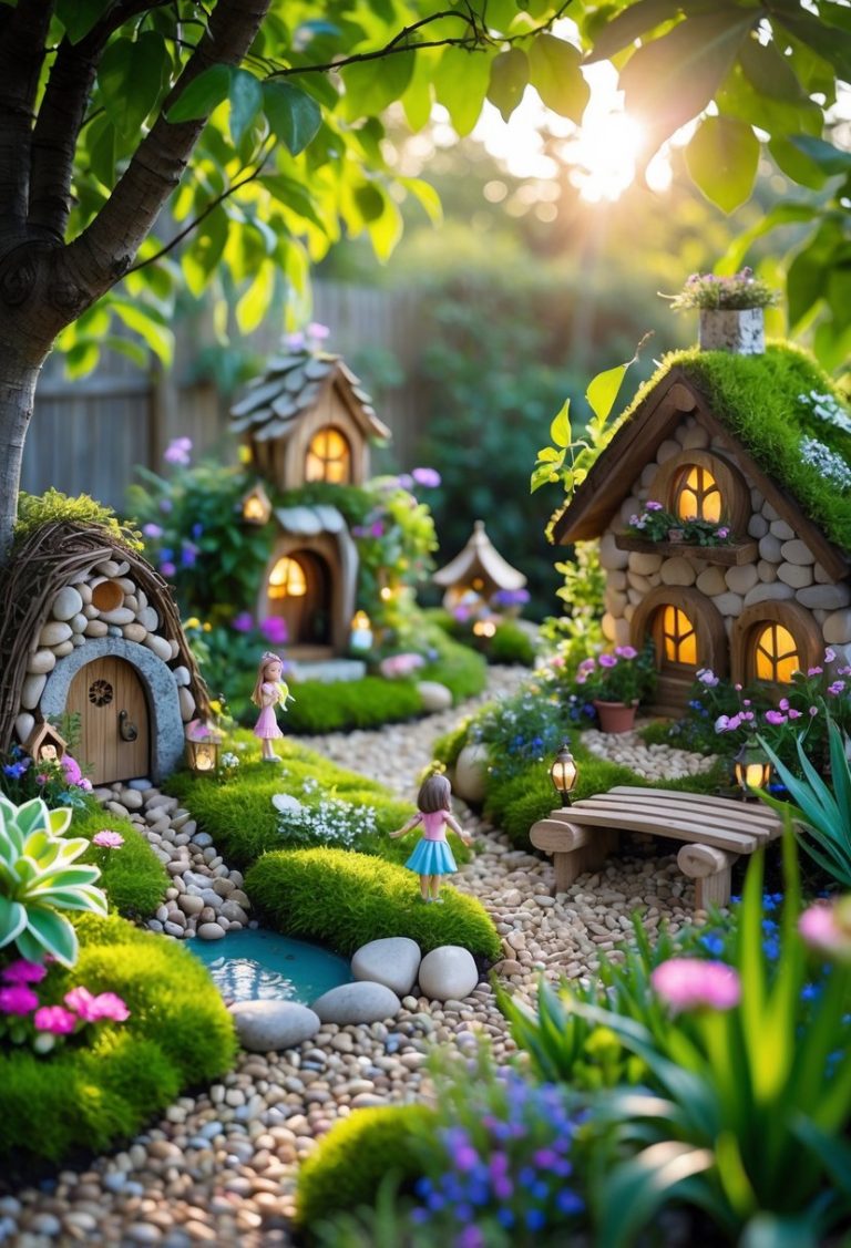 A detailed fairy garden with miniature houses, tiny fairy figurines, small pathways, and colorful flowers in a lush outdoor setting.