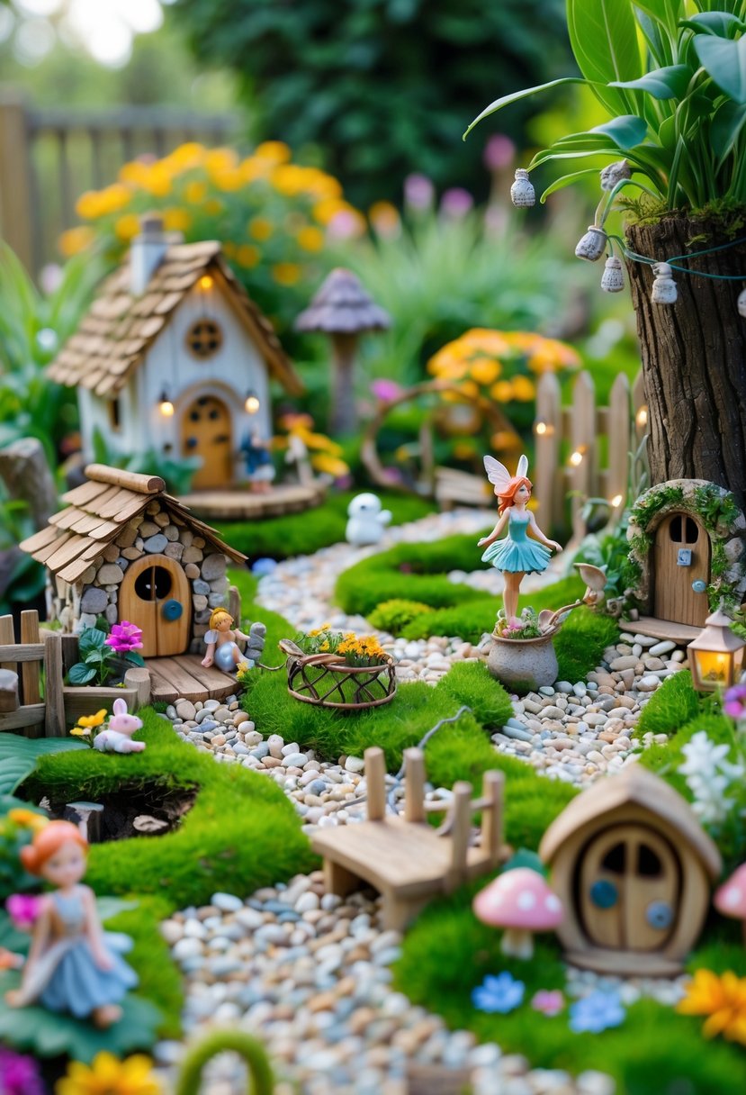 A miniature fairy garden with tiny houses, fairy figurines, plants, pathways, and small decorative accessories arranged in a lush outdoor setting.