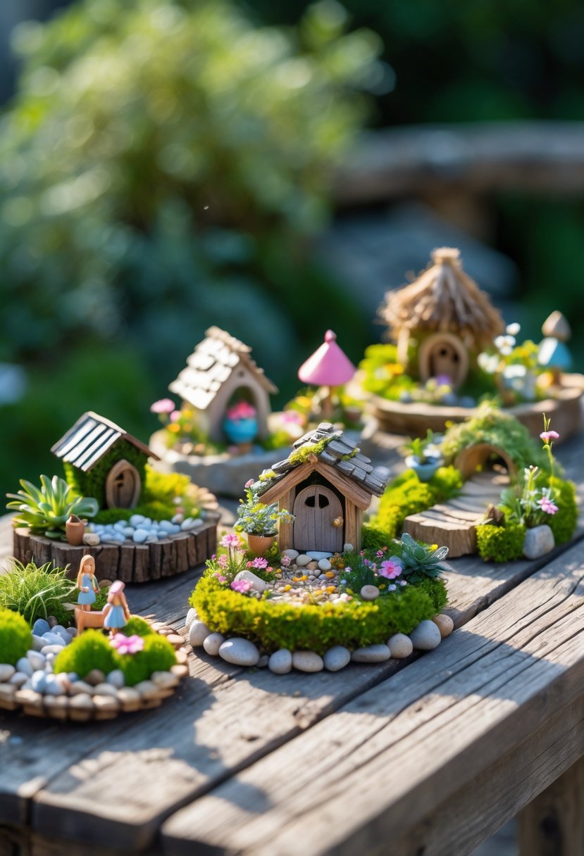 A collection of small fairy gardens with miniature houses, plants, and decorations arranged on a wooden surface outdoors.