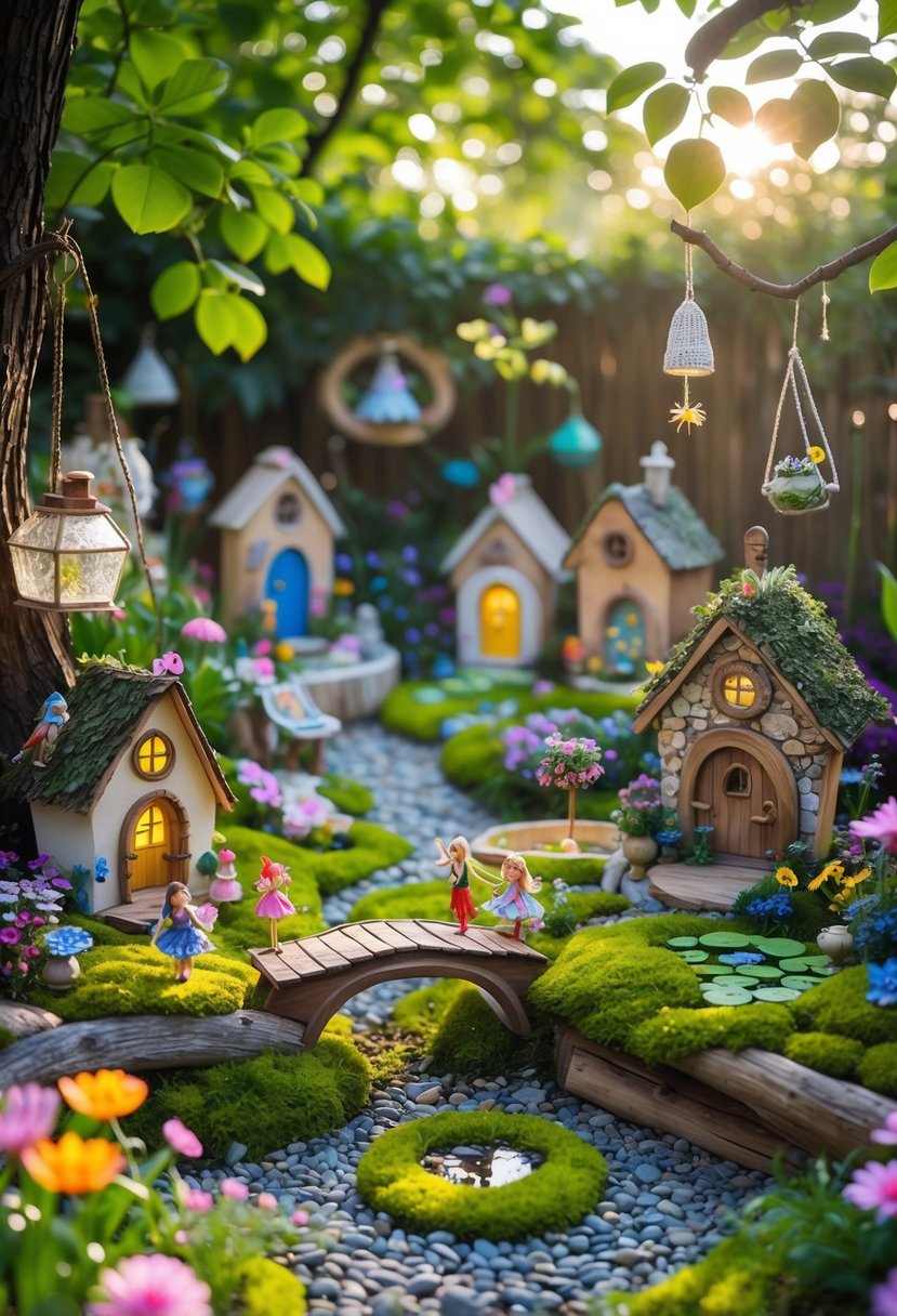 A detailed miniature fairy garden with tiny houses, fairies, flowers, moss, and whimsical decorations in a sunlit outdoor setting.