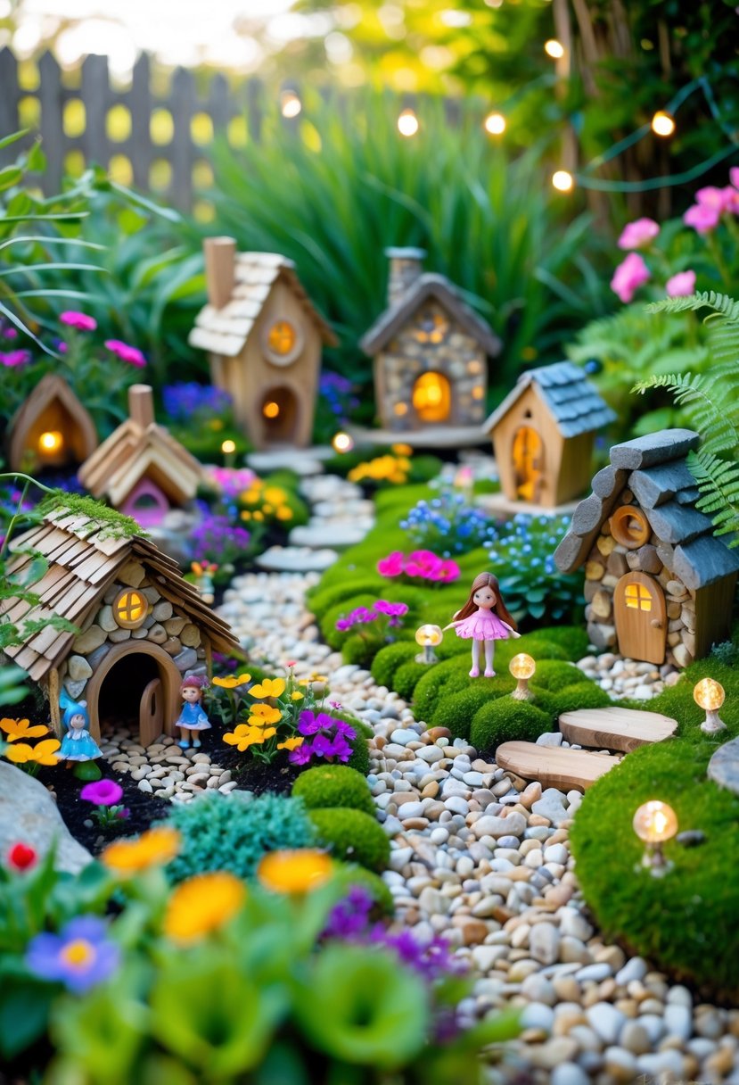 A colorful miniature fairy garden with tiny houses, flowers, pathways, and fairy figurines surrounded by green plants and soft natural light.
