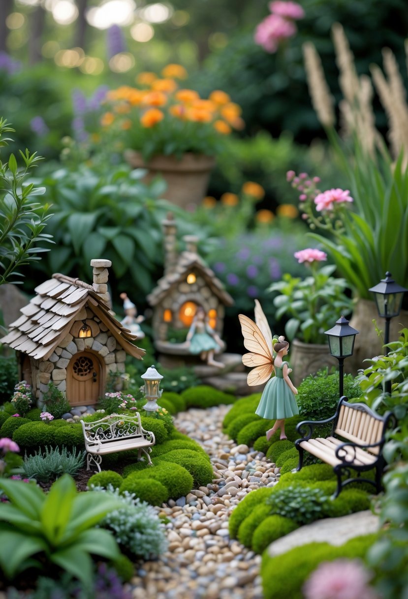 A detailed miniature fairy garden with small houses, plants, fairy figurines, and tiny furniture surrounded by greenery.