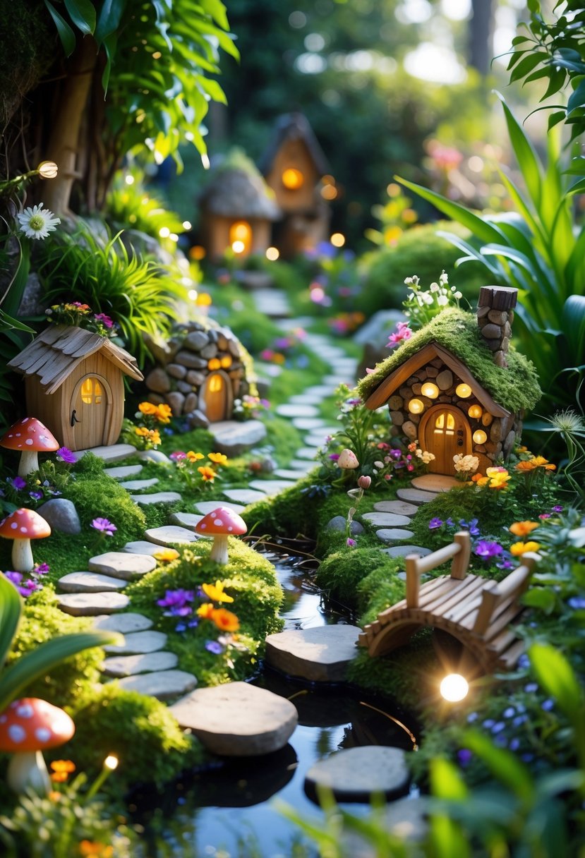 A detailed miniature fairy garden with tiny houses, colorful flowers, stone paths, and glowing lights surrounded by green plants.