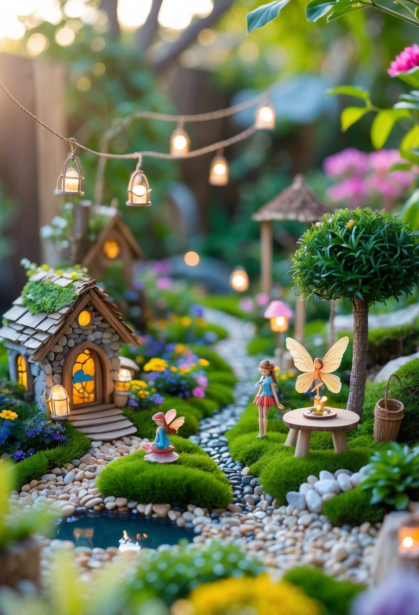 A detailed miniature fairy garden with tiny houses, fairy figurines, colorful flowers, greenery, and small pathways arranged outdoors.