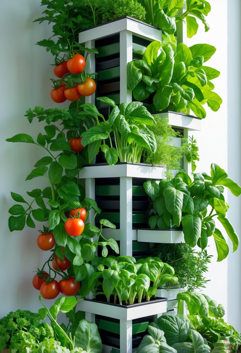 A vertical vegetable garden with multiple tiers of green plants and ripe vegetables growing in stacked planters.