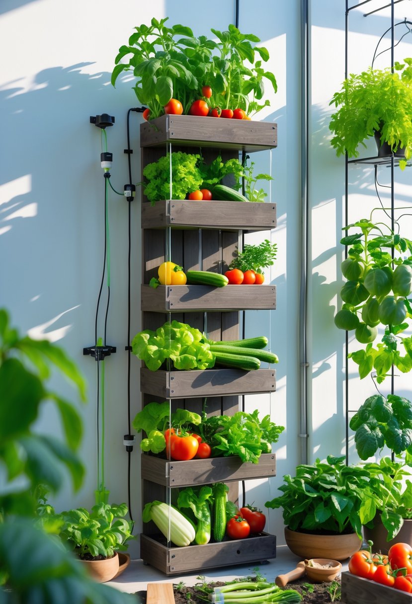 A vertical garden with multiple tiers of healthy vegetable plants including tomatoes, lettuce, and cucumbers growing in wooden planters under natural sunlight.