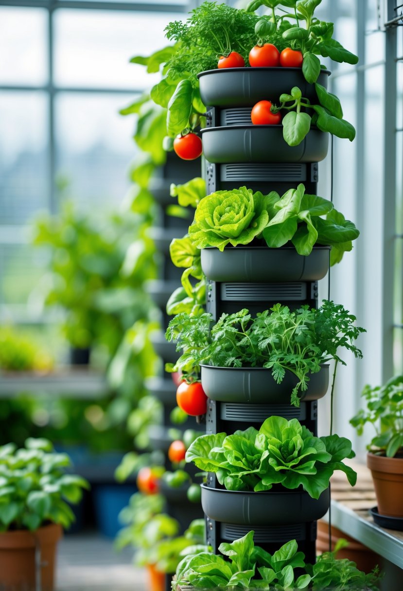 A vertical garden system with multiple tiers of healthy vegetable plants growing in an indoor or balcony setting.