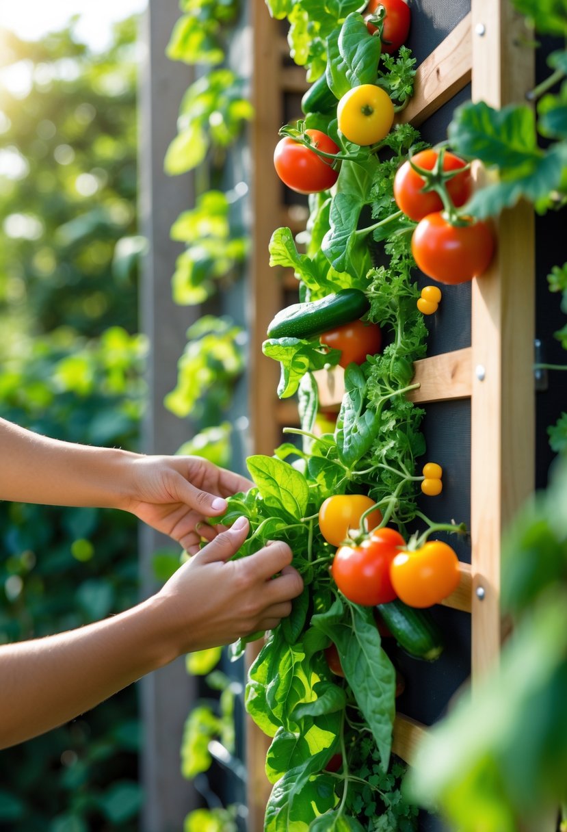 Hands selecting fresh vegetables growing on a vertical garden outdoors.