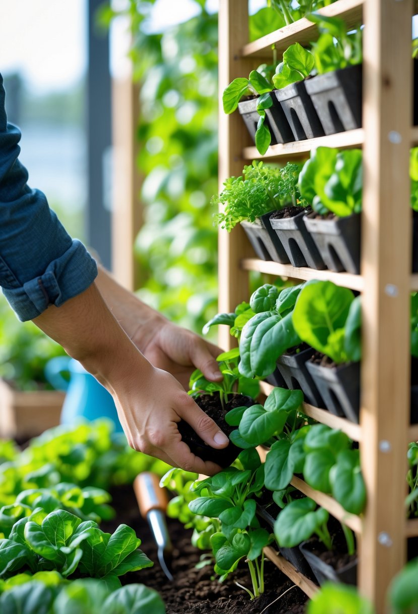 Hands planting vegetable seedlings in a vertical garden with green leafy plants growing.