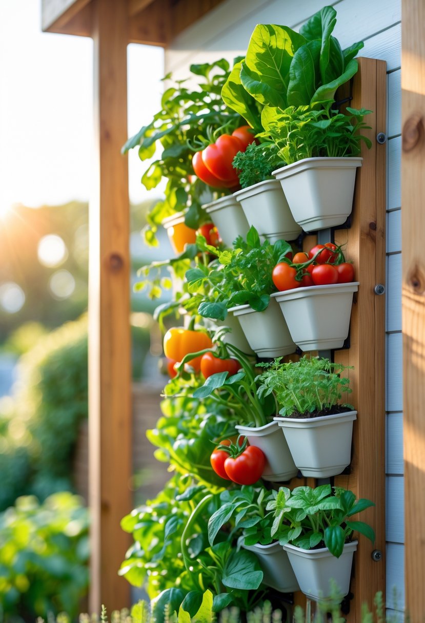 A vertical garden with various vegetables and herbs growing in pots arranged on a wooden frame outdoors.