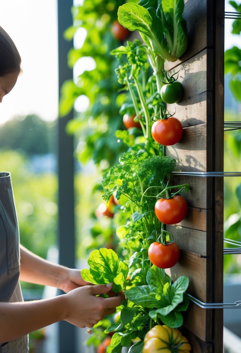 A vertical vegetable garden with fresh tomatoes, lettuce, and herbs growing on a wooden frame, with hands tending to the plants.