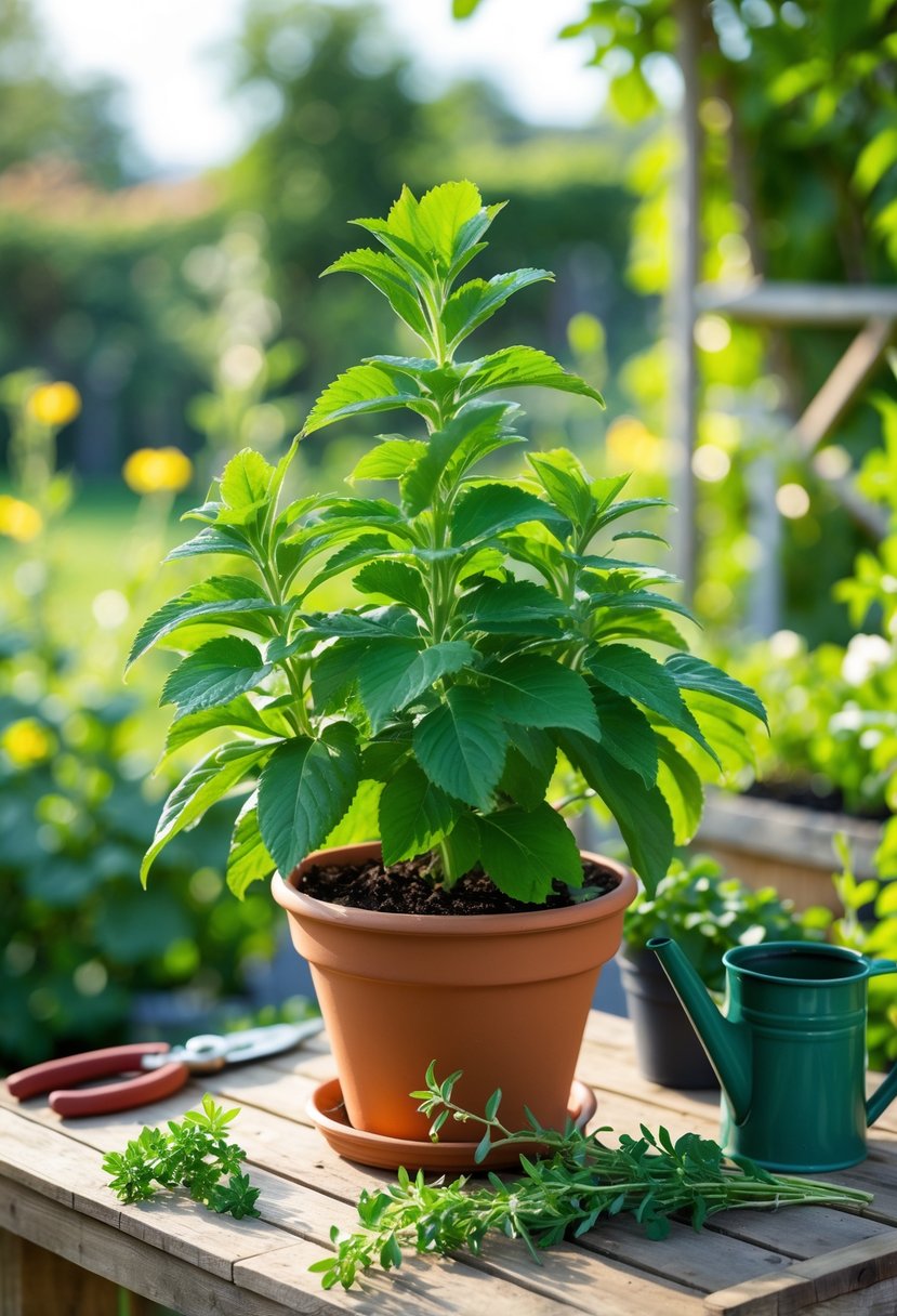 A healthy lemon verbena plant in a terracotta pot outdoors with gardening tools nearby and a blurred garden background.