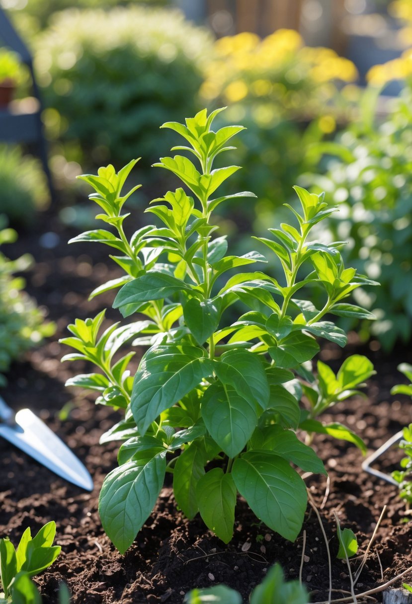 A healthy lemon verbena plant with green leaves growing in a sunlit garden with gardening tools nearby.