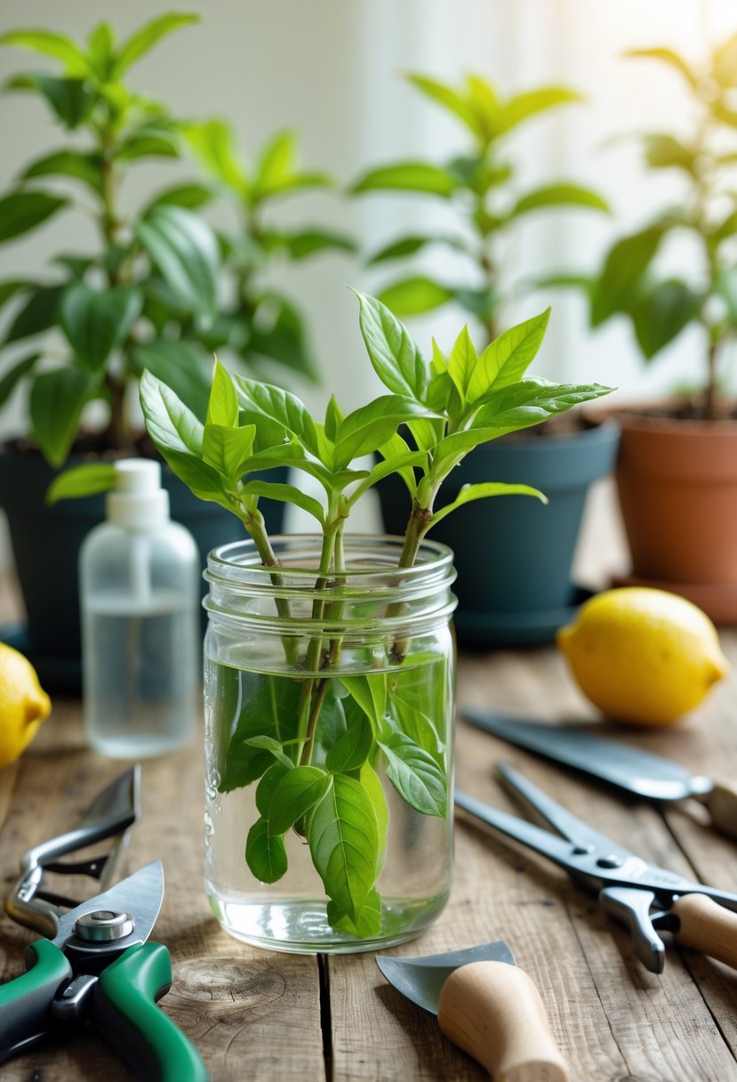Close-up of lemon verbena cuttings in a glass jar of water on a wooden table with gardening tools and potted lemon verbena plants in the background.