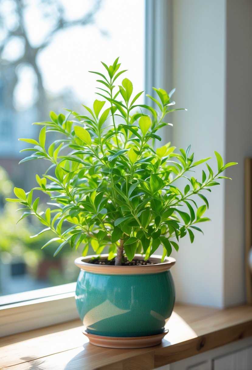 A healthy lemon verbena plant growing indoors in a ceramic pot on a windowsill with sunlight coming through the window.