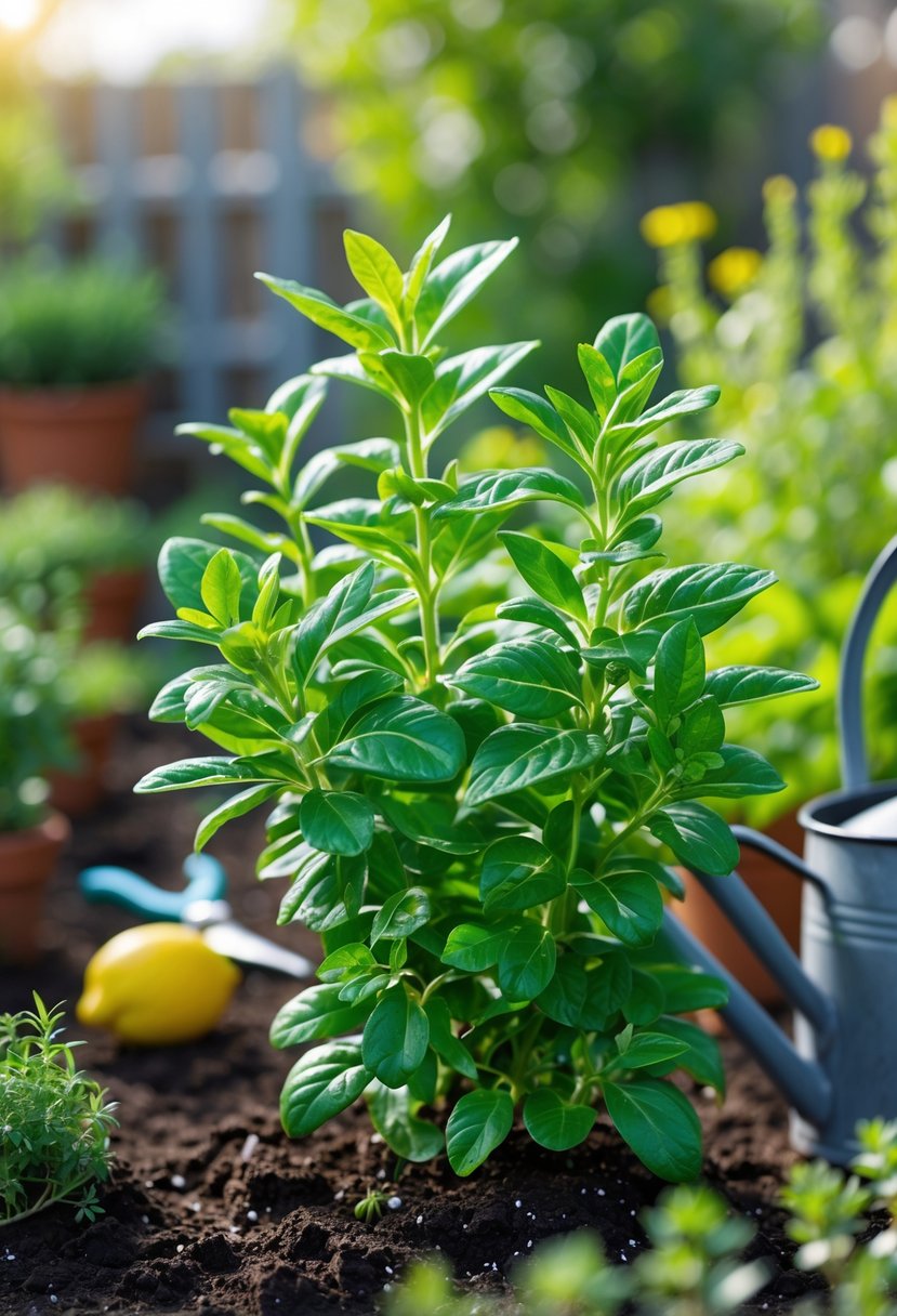 Close-up of a healthy lemon verbena plant with gardening tools in a sunny outdoor herb garden.