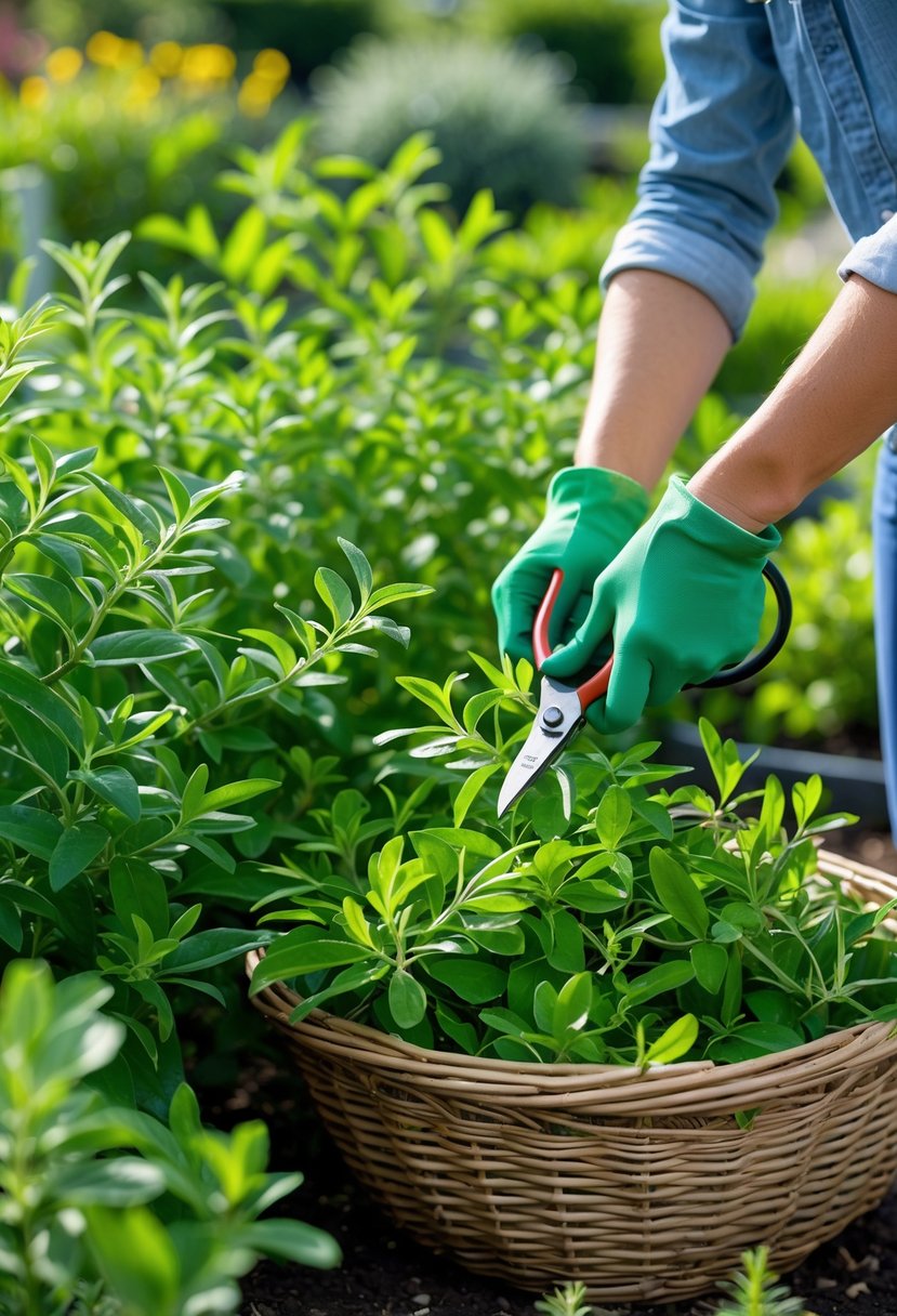 Person harvesting fresh lemon verbena leaves from a green garden into a basket.